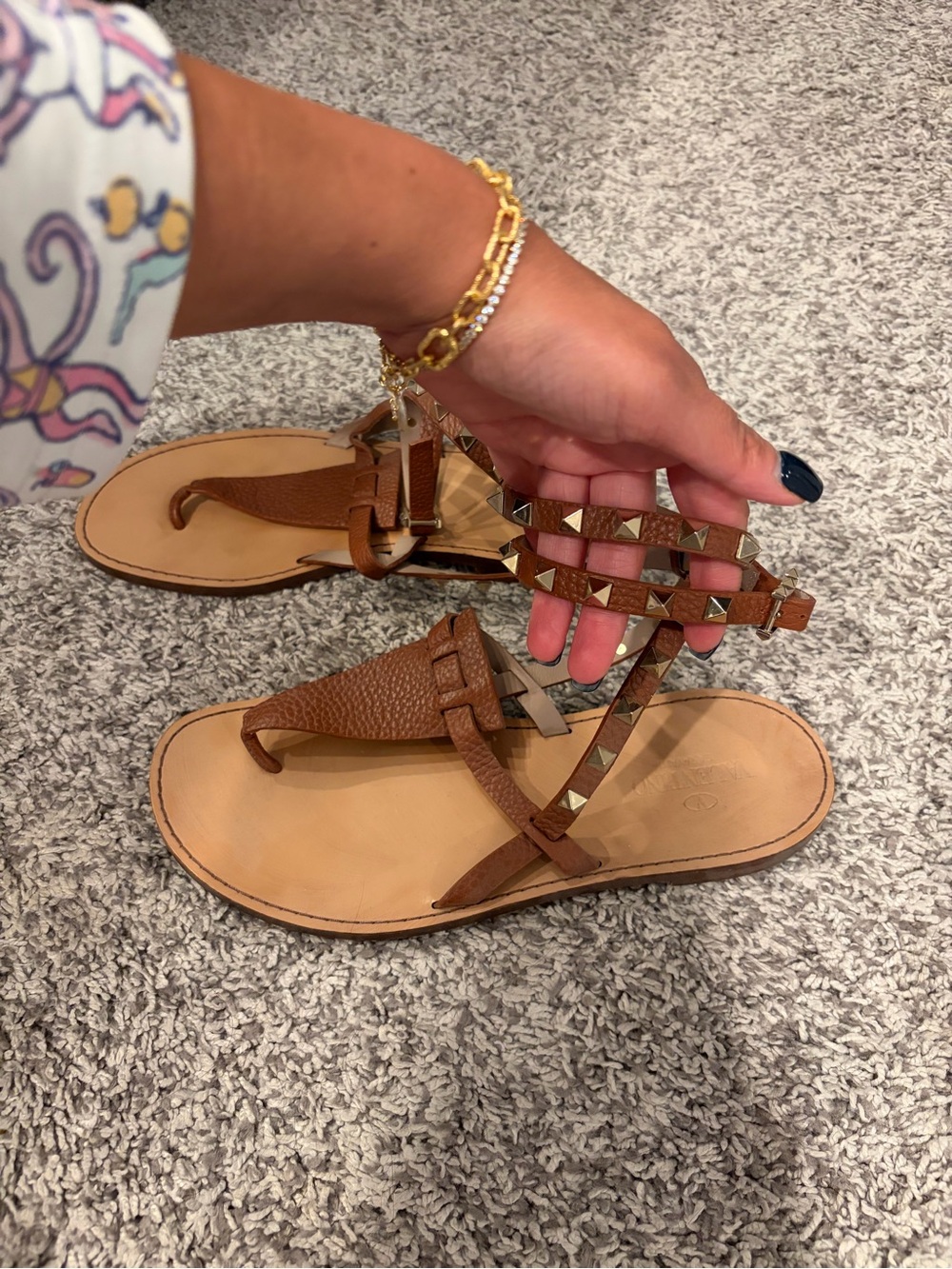 Valentino Garavani Brown Leather Rockstud Thong Sandals